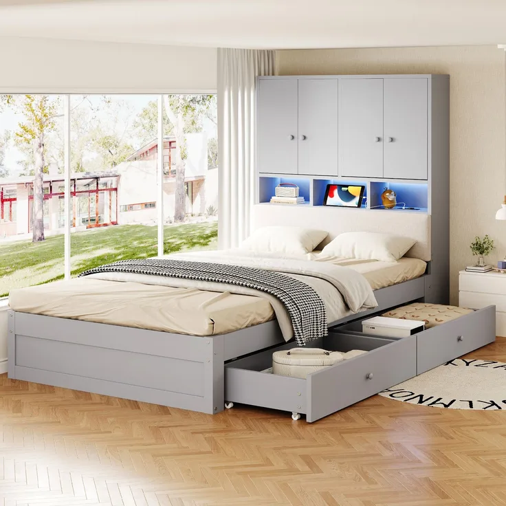 Multifunktionales Holzbett, 90 x 200 cm, mit gepolsterter Rückenlehne, Kopfteil mit Stauraum, Ablagefächern, LED-Beleuchtung und Steckdose, mit Schublade und Lattenrost, Einzelbett, Jugendbett, Grau