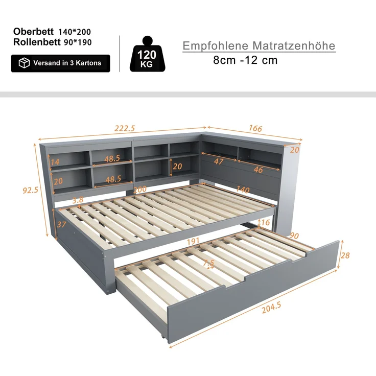 CHICFURN Doppelbett aus Massivholz Grau 140x200 cm mit Ausziehbett 90x190 cm, USB-Anschluss und Stauraum – Bild 7