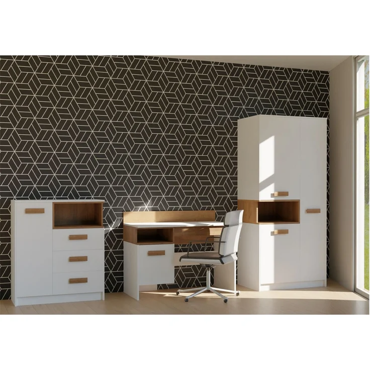 Marmex Möbel Grant Set-J Jugendzimmer-Set 3-teilig mit Kleiderschrank, Kommode mit Schubladen, Schreibtisch, Kinderzimmermöbel mit Schreibtisch, laminierte Spanplatte, Kleiderstange, weiß+riviera Eiche, 186x195x55 cm – Bild 1