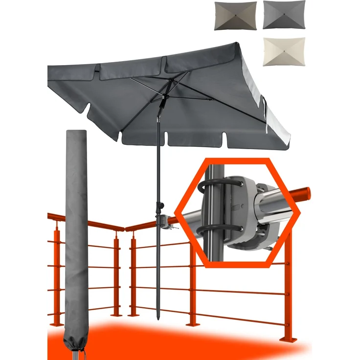 4smile Sonnenschirm Balkon SunnyShade, 3-in-1 SET, Anthrazit - UPF 50+ Sonnenschirm rechteckig 200x125 cm + Sonnenschirmhalter Balkongeländer + Sonnenschirmhülle - Sonnenschutz Balkon