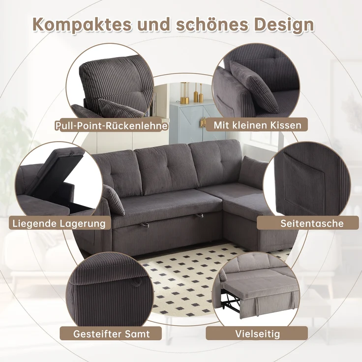 LVHOM Ecksofa mit Schlaffunktion L-Form, Sofa mit Bettkasten, Wohnzimmersofa mit Seitentasche, Couch Samtstoff, Bettsofa, 3 Sitzer – Bild 3