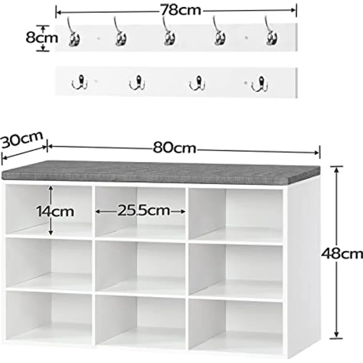 HOOBRO Garderobe Schuhregal Set, Schuhbank mit 9 F Cher, Schuhregal mit gepolsterter Sitzbank, Wandgarderobe mit 9 Haken, Schuhschrank f r Flur, Eingangsbereich, Schlafzimmer wei EWT89HX01 – Bild 4