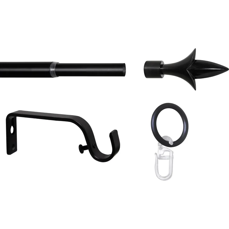 ondeco Gardinenstange ausziehbar 1-lauf, Vorhangstange Fenster Wandmontage, Endstück Lance Komplettgarnitur Teleskopstange 13/16 mm mit Ringen - Schwarz - 130-240 cm – Bild 5