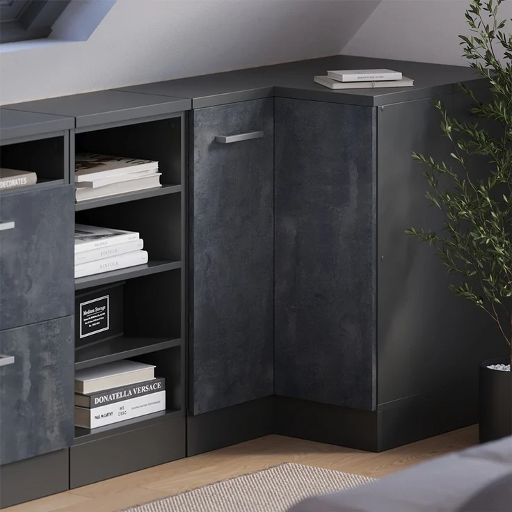 Eck-Küchenschrank für Dachschrägen R-Line Schwarz Beton 75.6 cm mit 1 Tür, Schrankkorpus 60 cm Tiefe Vicco – Bild 4