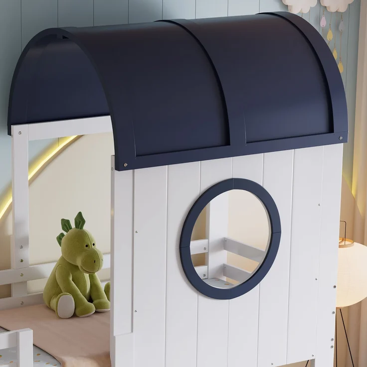Halbhohes Kinderbett 90×200 cm mit Dach, Fenstern und Schublade, Weiß/Dunkelblau, ohne Matratze – Bild 10