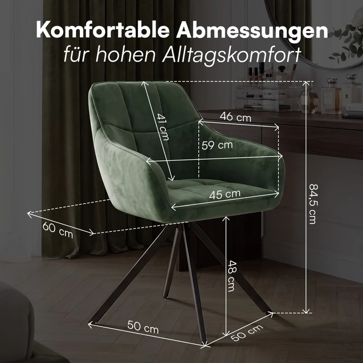 skølm 'Sköll' Esszimmerstühle, 6er Set, dunkelgrün, gepolstert mit Samt-Bezug, höhenverstellbar & drehbar, Polsterstühle mit Armlehnen, bis 150 kg belastbar – Bild 8