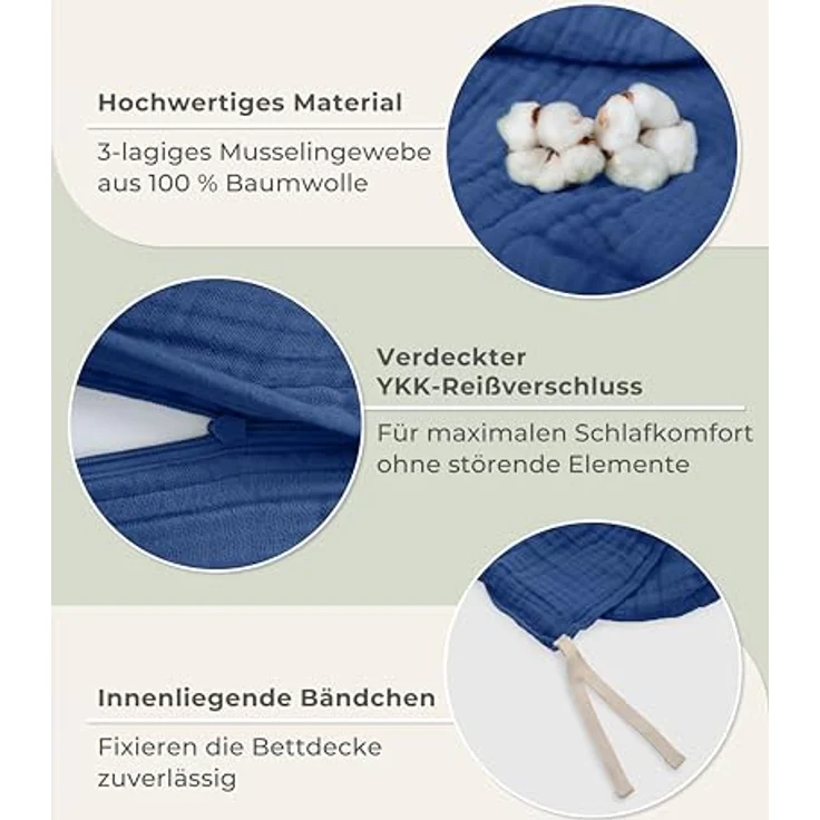 Laynenburg Bettwäsche Musselin aus 100% Baumwolle in 135x200 oder 155x220 cm, atmungsaktiv & bügelfrei – 3 lagig mit Reißverschluss & Haltebändern – Bild 6