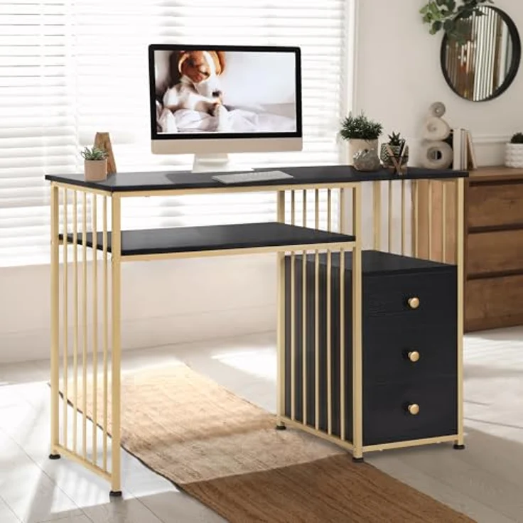 M MCombo Schreibtisch mit Schubladen, Schminktisch ohne Spiegel Schwarz-Gold, Nageltisch aus Holz Metallgestell, Computertisch Wohnzimmer Modern, 45,5 x 109 x 81cm, 2407GBK – Bild 3