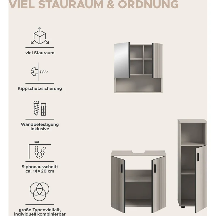 xonox. home – Badkombination Mone 105 x 180 x 30 cm in Kaschmir Nachbildung – 3-teiliges Set inkl. Waschbeckenunterschrank, Spiegelschrank & Badschrank – Stilvolle Einrichtungslösung mit kompakten Maßen – Bild 10