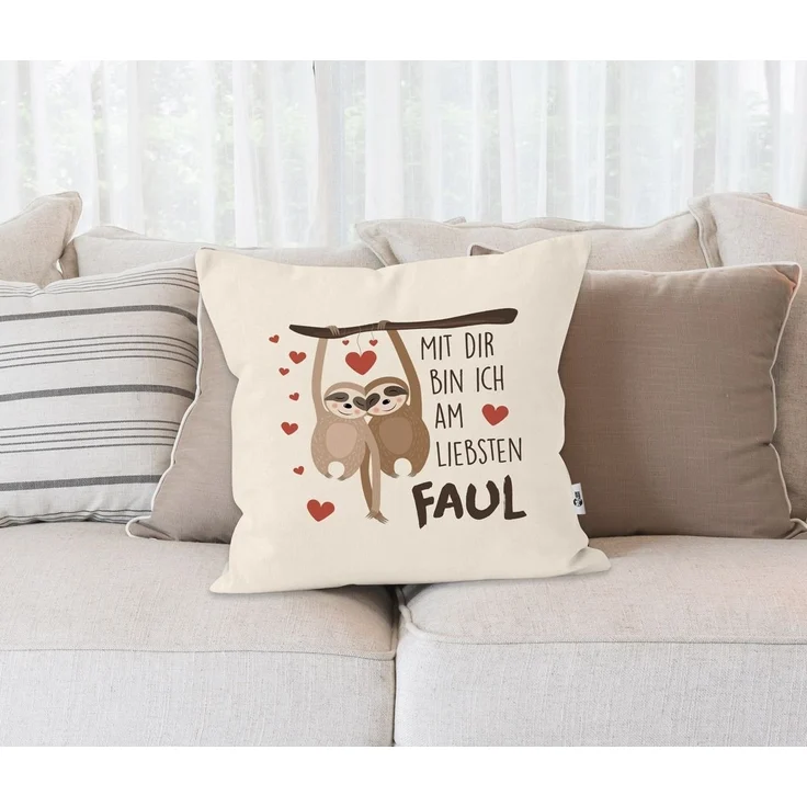 MoonWorks Dekokissen Kissen-Bezug Spruch Mit dir bin ich am liebsten faul Faultier Geschenk Liebe Freundschaft Valentinstag Geburtstag Freund Freundin MoonWorks® – Bild 2