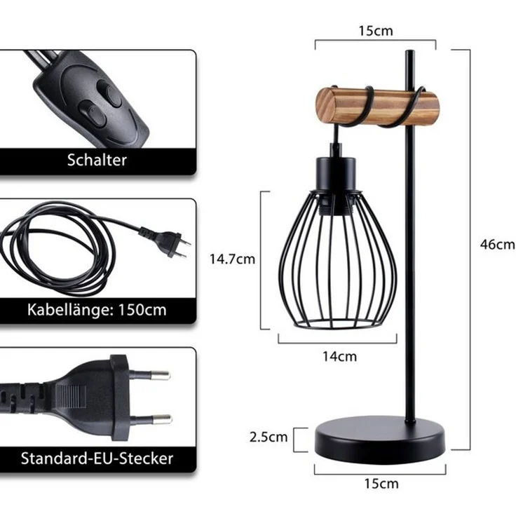 Nettlife Tischleuchte Vintage Industrie Metall Holz Schwarz E27 50cm Retro Nachttischleuchte, mit Kippschalter, LED wechselbar, ohne Leuchtmittel, Wohnzimmer Schlafzimmer Kinderzimmer Esszimmer – Bild 4