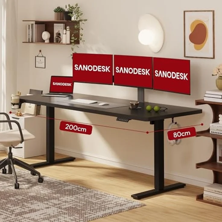 SANODESK Höhenverstellbarer Schreibtisch mit VOLLSTÄNDIGER TISCHPLATTE, 4 Zubehörteilen (Becherhalter, Haken, Aufbewahrungsbox, Kabelmanagement), ergonomisch für Büro und Homeoffice, Schwarz, 110x54CM – Bild 5
