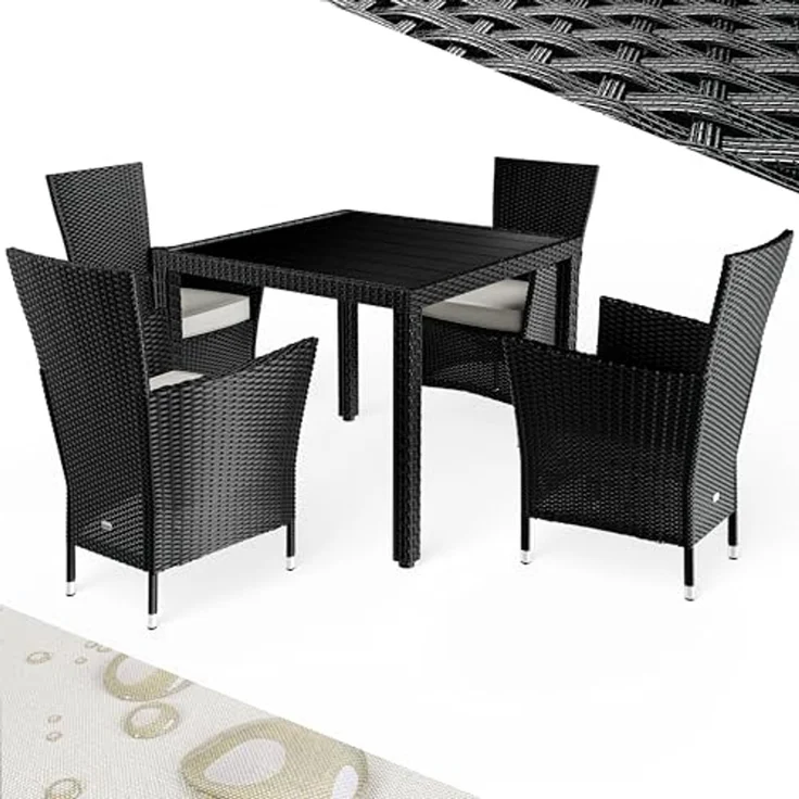 Casaria Garten-Essgruppe, Polyrattan 4 Stühle Stapelbar 90x90cm Esstisch WPC Holz Wetterfest – Bild 1