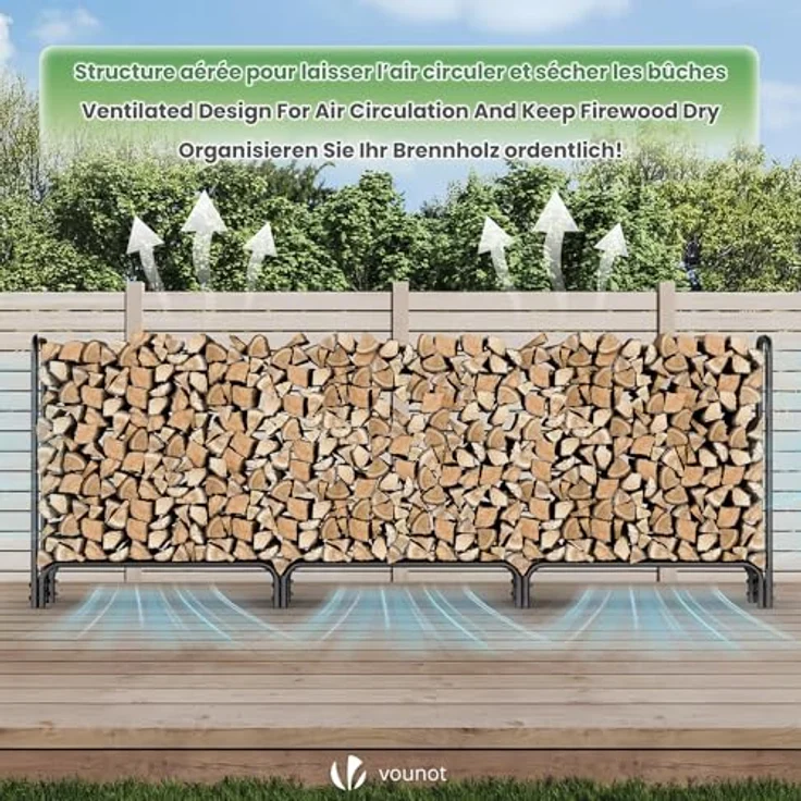 VOUNOT Kaminholzregal Aussen Metall, Brennholzregal Außen, Feuerholzregal Outdoor mit wasserdichte Abdeckung, 300 x 116 x 36 cm, Schwarz – Bild 8