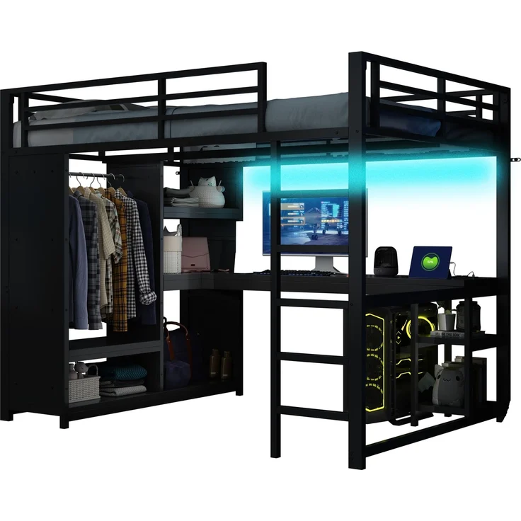 EINHOM 140 x 200 cm Metall-Gaming-Hochbett mit LED, Schreibtisch, Offenem Kleiderschrank und Ablagefächern, Schwarz (Ohne Matratze) – Bild 7