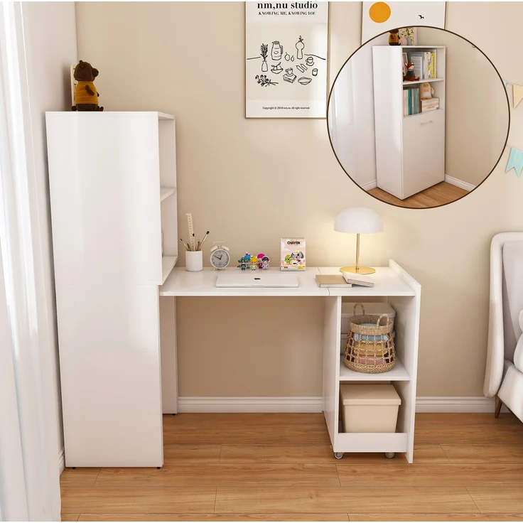Ausziehbarer Schreibtisch aus MDF mit Stauraumschrank und verstellbaren Ablagen, 126x55x136 cm, Weiß – Bild 1