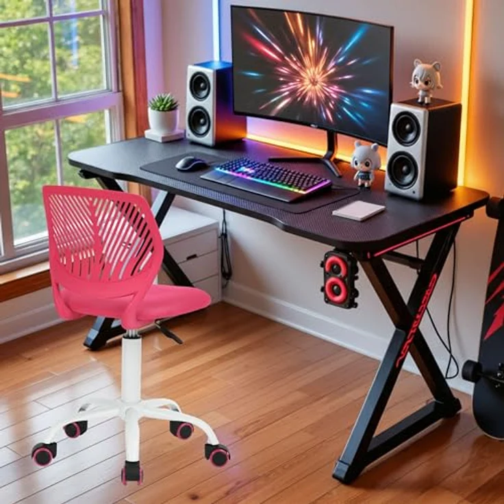 FurnitureR Kleiner Videospielstuhl, ergonomischer Schreibtischstuhl ohne Armlehnen, kompakter Drehstuhl mit Sitzhöhenverstellung und leisen Gummirädern, modernes Design für Gaming und Arbeiten – Bild 3