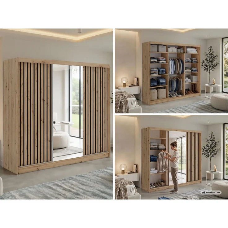 Kleiderschrank LAOS 240 cm Schiebetürenschrank Eiche Artisan mit Akustikpaneel-Design (Lamellen) Schwarz & Spiegel, Inkl. Innenausstattung – Bild 2