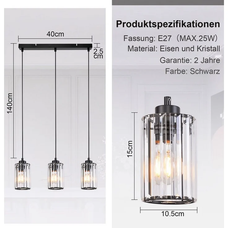Nettlife Pendelleuchte Kristall Modern Wohnzimmer 3 Flammig E27 Schwarz Esstisch Hängeleuchte, Höhenverstellbar, LED wechselbar, Pendellampe für Küche Esszimmer Schlafzimmer – Bild 3