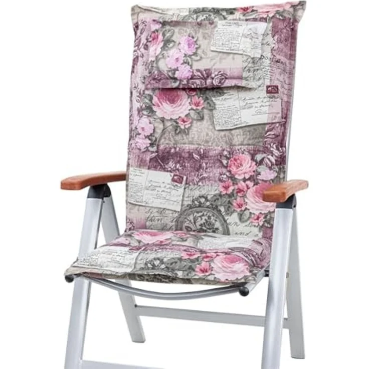KETTtex Hochlehnerauflage Hochlehner Rom 0798 rosa-grau Blumen Landhaus 123 x 50 x 9 cm KETTtex, (1 St), Halteband verstellbar mit Bindebändern – Bild 2