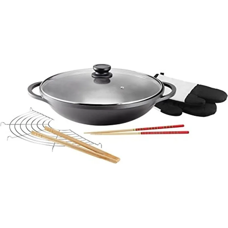 Kopf Wok Mai-Lu, Aluminiumguss, Ø 36 cm, Induktion, Antihaftbeschichtung, inkl. Glasdeckel & Zubehör