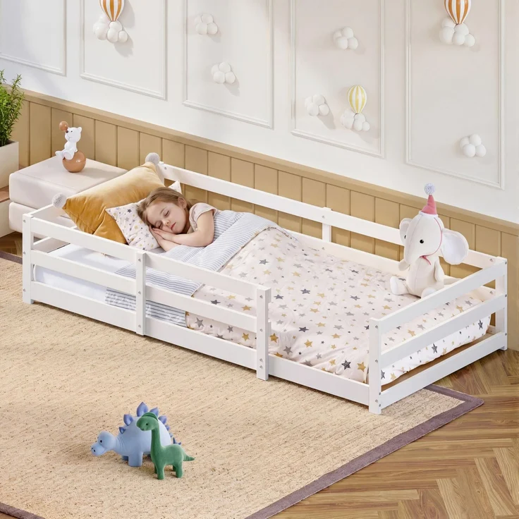 Ball & Cast Kinderbett Bodenbett 90x200 cm, Hausbett mit Sicherheitsumrandung, Montessori Bett aus massivem Kiefernholz, einfache Montage, ohne Matratze, Weiß