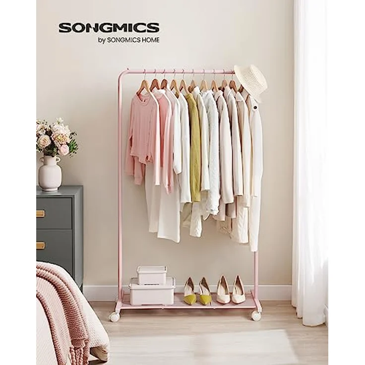 SONGMICS Kleiderständer, Kleiderstange auf Rollen, Garderobenständer Metall, Rollgarderobe 91 cm breit, mit Ablage, 2 Rollen mit Bremse, Garderobenstange bis 40 kg belastbar, pastellrosa HSR025P01 – Bild 3