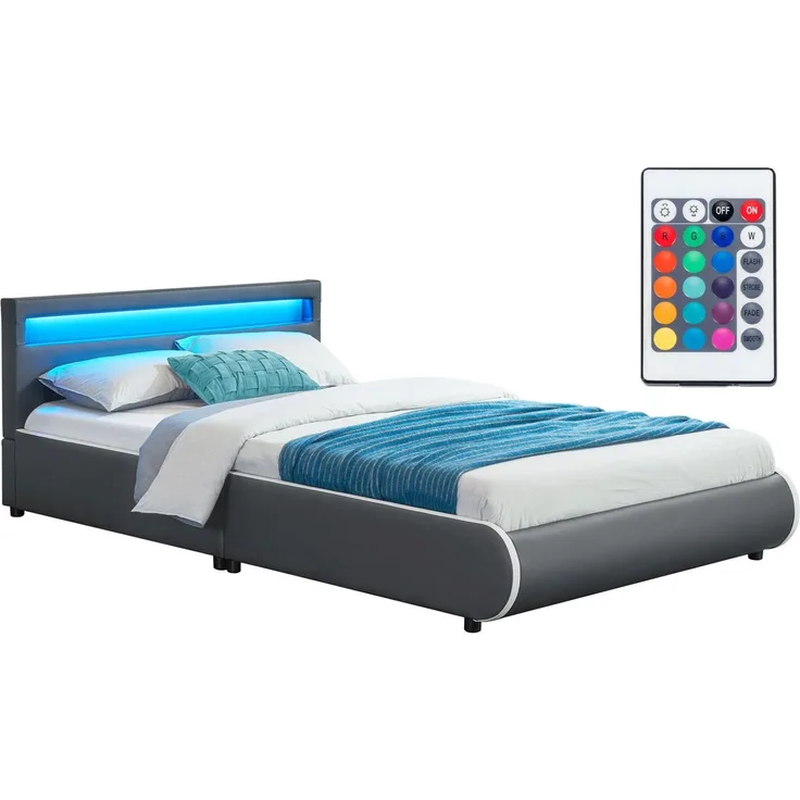 Juskys 'Sevilla' Polsterbett mit LED-Beleuchtung, Kunstleder, Grau, 140x200 cm, ohne Matratze