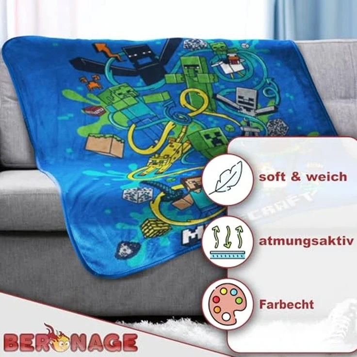 Wohndecke Minecraft Decke Slurp 150x200 cm Kuscheldecke Wohndecke, BERONAGE, passend zur Bettwäsche, ideal für Sofa, Couch, Bett, Auto, Camping – Bild 3