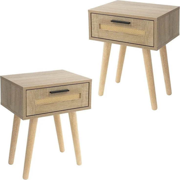 ML-DESIGN Nachttisch 2er Set Nachtkommode Nachtschrank Nachtkonsole für Schlafzimmer (2-St), Beistelltisch Rattan mit 1x Schublade, laminierte Spannplatte Eiche