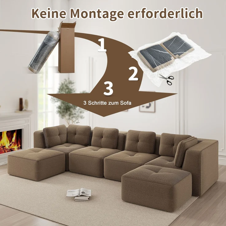 EINHOM Modulares Wohnzimmersofa ohne Gestell, modulares Ecksofa, U-förmiges Sofa mit Ottomane, tiefes Schlafsofa, rutschfestes Design, keine Montage erforderlich, braun – Bild 7