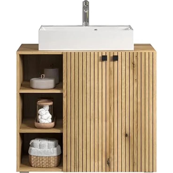 trendteam smart living - PureBliss - Hochschrank - Eiche - Breiter Badezimmerschrank mit Rillenoptik - (BxHxT) 70 x 186 x 31 cm - Badschrank mit edlen Metallgriffen - Praktisches offenes Fach – Bild 5