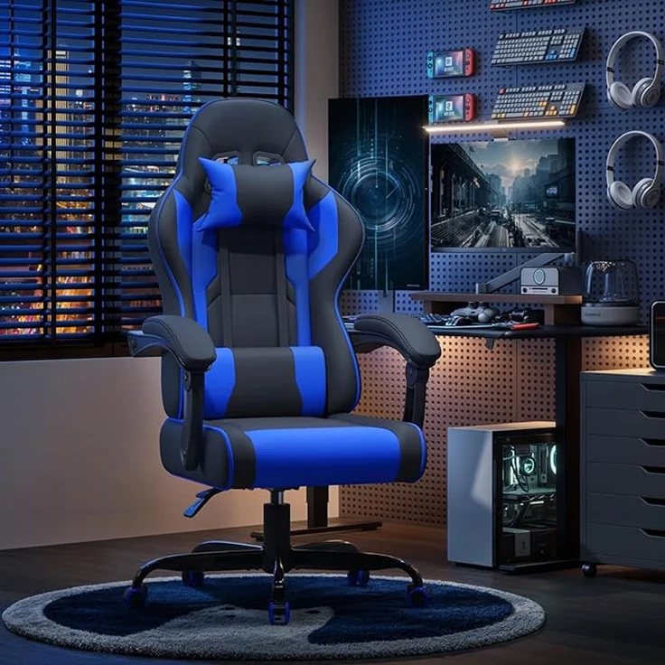 Devoko Gaming Stuhl mit Massagefunktion, Bürostuhl Ergonomisch mit Verstellbarer Ruckenlehne (90-135), Schreibtischstuhl mit Bewegliche Armlehne, max 150kg, Blau – Bild 2