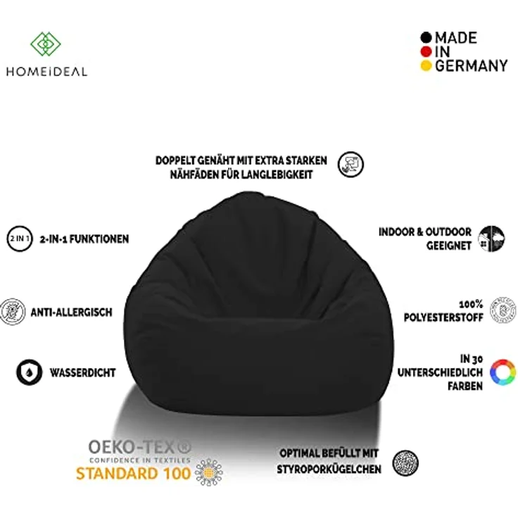 HomeIdeal - Sitzsack XXL Bodenkissen für Erwachsene & Kinder - Geeignet für Gaming oder Entspannen - Indoor wie Outdoor da er Wasserfest ist - mit EPS Perlen, Farbe:Schwarz, Größe:XXXL – Bild 3