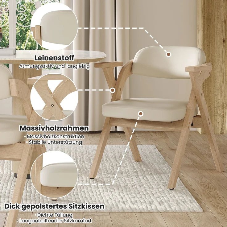 4 klappbare Esszimmerstühle, Esszimmerstühle aus Massivholz, bequem und atmungsaktiv, faltbar und verstaubar, geeignet für Esszimmer, Wohnzimmer, Café, moderner Stil, Leinen, Beige--Beige--63.5x66.5x76cm--YOUDENOVA – Bild 2