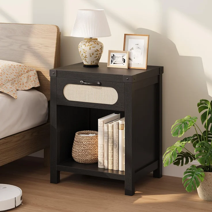 GarveeHome Nachttisch Mit Schublade Und Offenem Fach, Kommode Mit Rattanfront, Boho-Beistelltisch, Für Wohnzimmer Und Schlafzimmer, 48 x 40 x 60 cm