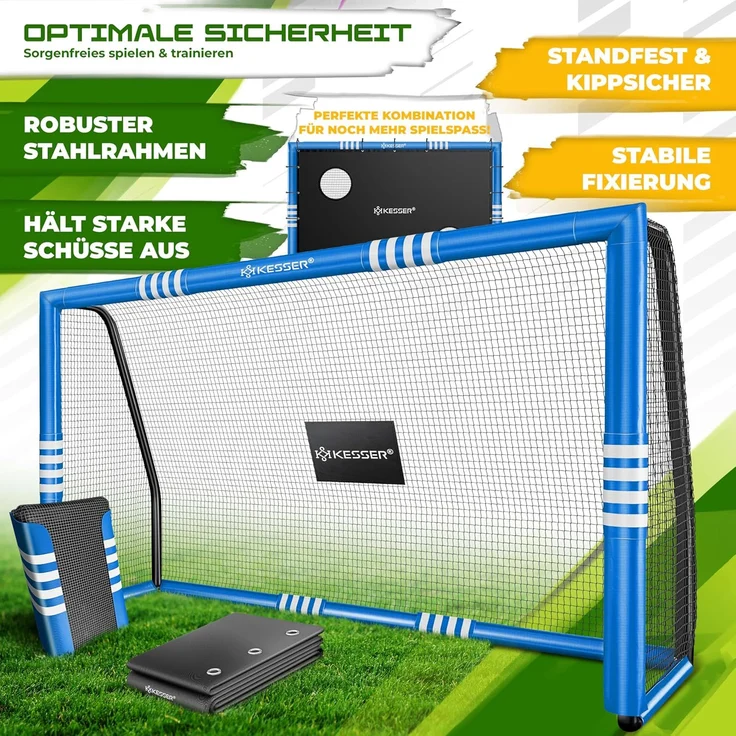 KESSER® Fußballtor für Garten, Schusstraining, UV-beständiges Netz, Stahlrahmen mit Polsterung, Erdhaken, Luftpumpe, Hüttchen, Montagezubehör, für Kinder und Erwachsene, Blau, 240 cm, mit Torwand – Bild 4