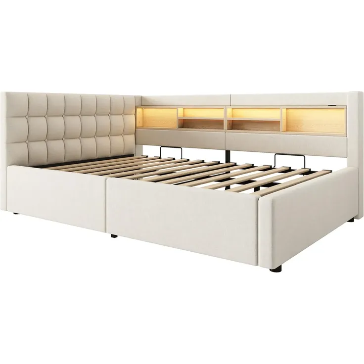 Polsterbett mit LED-Streifen, Lattenrost, Regal, Aufbewahrung, Type-C und USB, gepolsterter Kopfteil, 140x200 cm, Schlafsofa, Tagesbett, Leinen – Bild 7