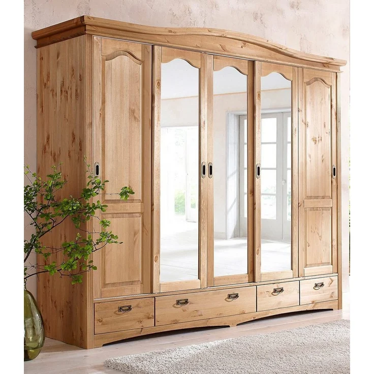 Home affaire Schiebetürenschrank Konrad, Landhausstil, rustikal, mit Schubladen + Spiegel, Kassetten massive Kiefer, FSC®-zertifiziert, Messinggriffe, mehrere Varianten – Bild 5