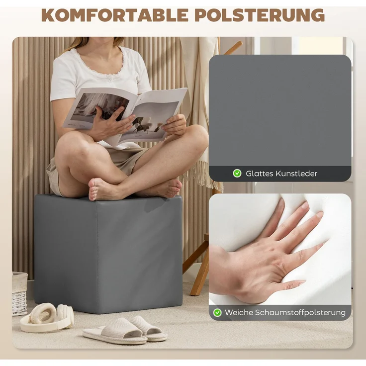 HOMCOM Sitzhocker, Kunstleder, MDF, Grau, 40L x 40B x 40H cm – Bild 6