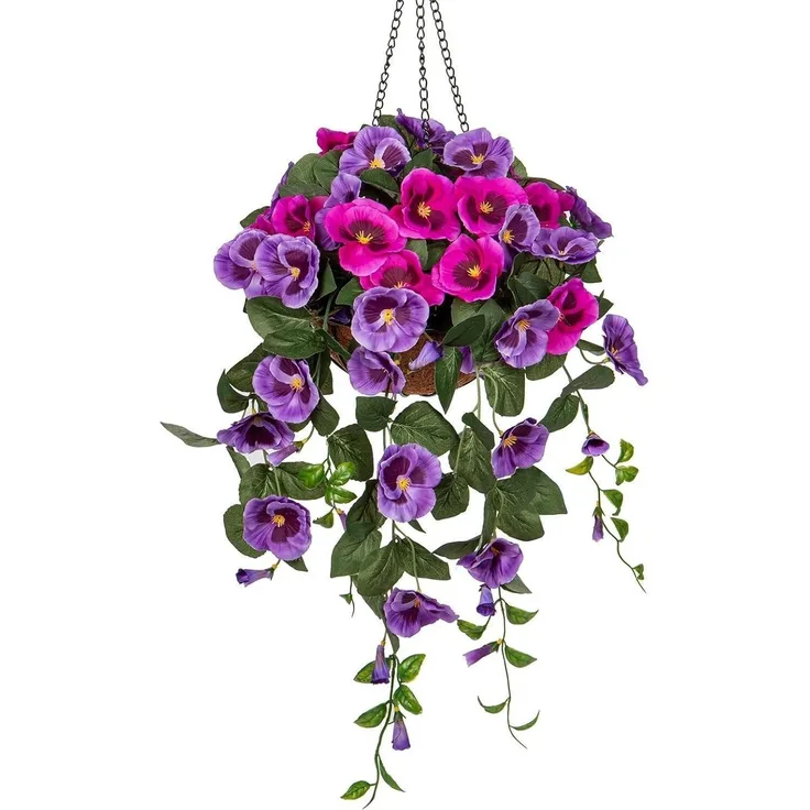 Kunstblume Pansy Stiefmütterchen Hängend 80cm lila Deko Blumen Grünpflanze