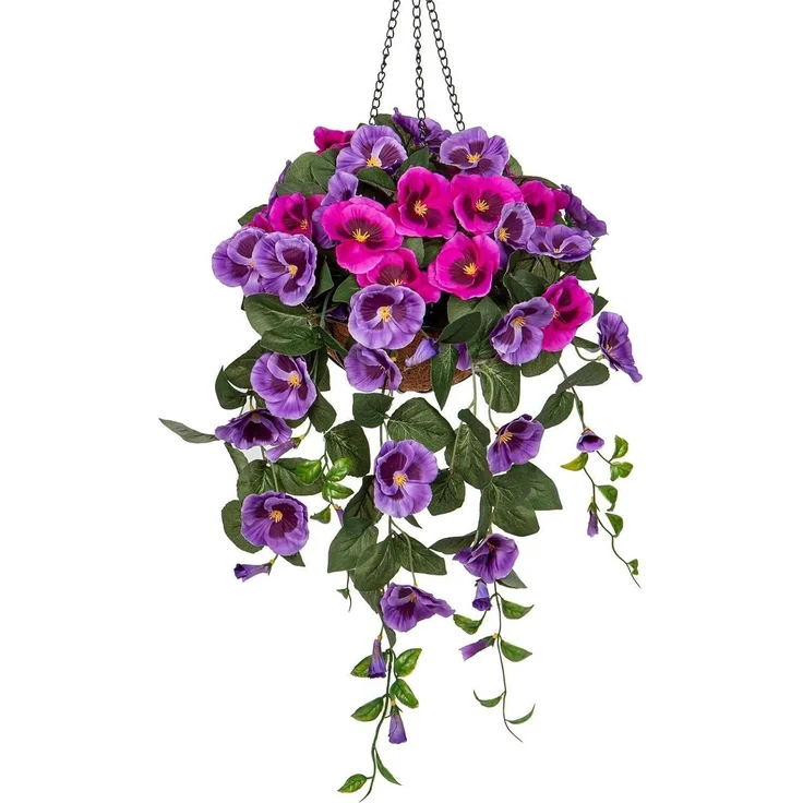 Kunstblume Pansy Stiefmütterchen Hängend 80cm lila Deko Blumen Grünpflanze – Bild 1
