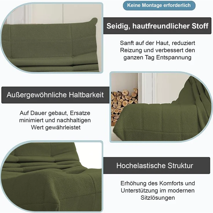2-Sitzer Loungesofa aus Teddy-Vlies mit Plisseefalten-Design, ergonomisch, 149x114x82 cm, Grün – Bild 7