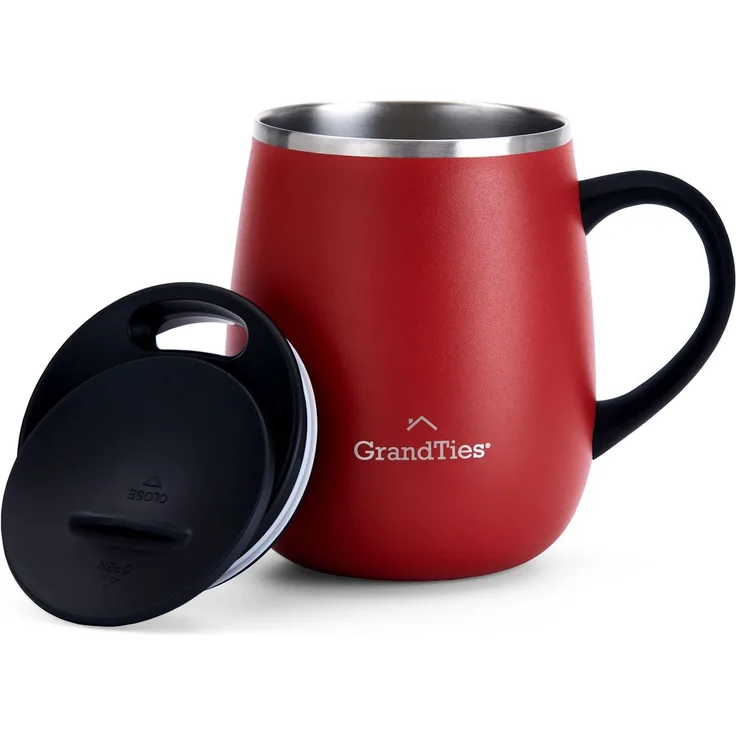 Grandties Thermo Kaffeebecher mit Griff - Schiebedeckel für Spritzschutz 480 ml Coffee To Go Becher Kaffeebecher To Go | Doppelwand-Edelstahl Hält Getränke Warm & Kalt - Cranberry