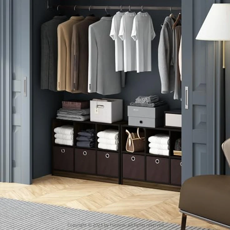 Furinno Cubic Kleiderschrank-Organizer und Aufbewahrung, 6-Fach Würfelregal mit Boxen, Offenes Regal Kleiderschrank-Aufbewahrung, Columbia Walnuss/Dunkelbraun – Bild 2
