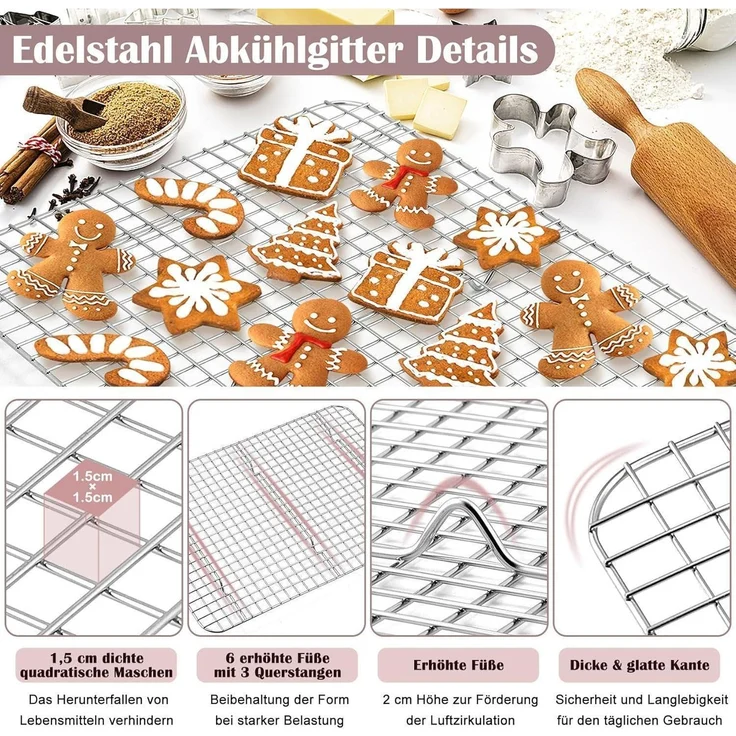 Homikit Backblech mit Abkühlgitter Edelstahl 40x30x2,5cm - Spülmaschinenfest – Bild 4