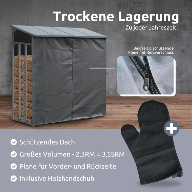 DELUKE® Kaminholzregal Außen mit Dach ELOS - 182x70x185cm | Metallrahmen, Inkl. Ofenhandschuh | Brennholzregal außen Brennholzunterstand Kaminholzunterstand Holzlager – Bild 4