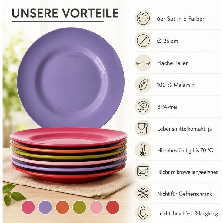 rice Teller-Set Melamin Teller Set 6er farbenfroh für Alltag & Outdoor (6-tlg), Melamin, Robust – Bild 2