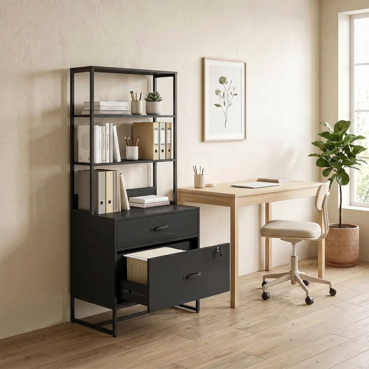 Aktenschrank mit Schubladen, Abschließbar Aufbewahrungsschrank mit Bücherregal für A4, Letter und Legal-Format, Schwarz--Schwarz--157x40x70cm--YOUDENOVA – Bild 10