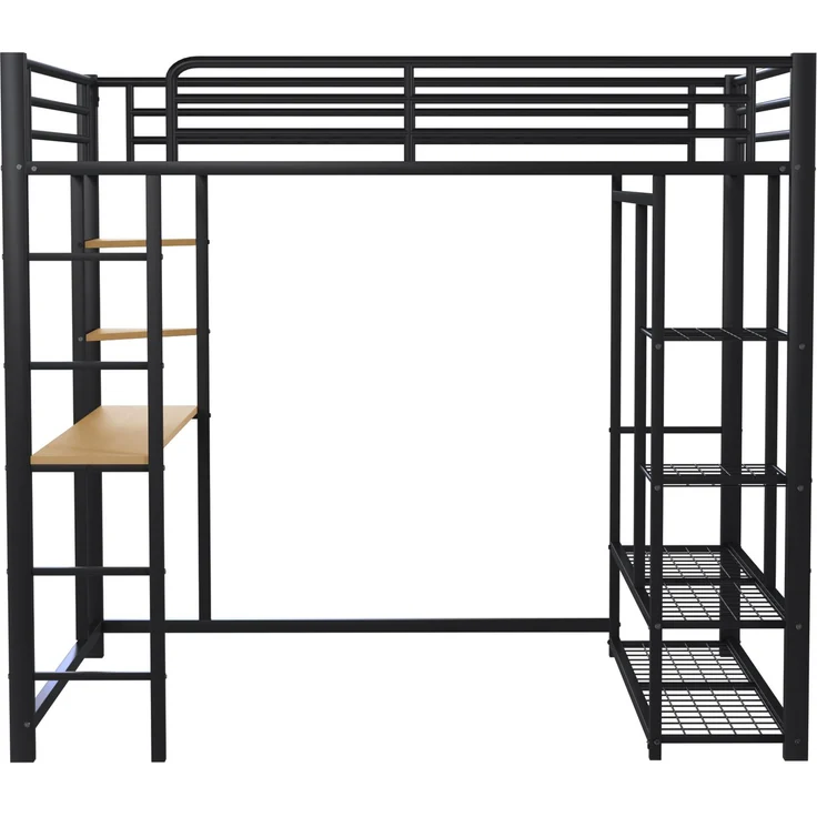 ZUBALIYA Metall-Hochbett mit Leiter 140x200 cm, Juniorbett Doppelbett mit Tisch mit einfachen Kleiderbügeln mit Ablagefächern, Schwarz – Bild 16